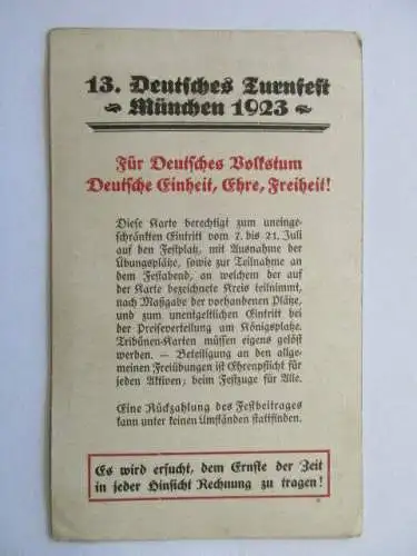 Festkarte 13. Deutsches Turnfest München Juli 1923 Verein ATV Leipzig