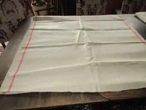 altes Leinen Rolltuch Mangeltuch rote Streifen ca. 305 x 83 cm  ( 15 )