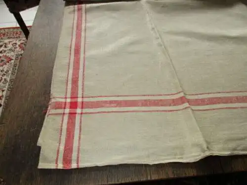 altes Leinen Rolltuch Mangeltuch rote Streifen ca. 300 x 89 cm  ( 10 )