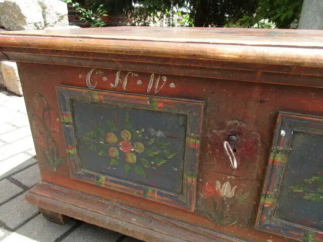 Bauerntruhe Truhe Flachdeckeltruhe Biedermeier um 1845 Weichholz Nr. 7 4