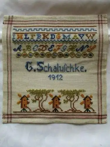 wunderschönes altes ABC Stickmustertuch Mühlen Kreuzstich 1912