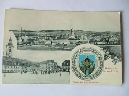seltene Ak Bernstadt Oberlausitz Markt Gesamtansicht und Wappen um 1910