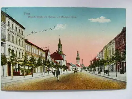 seltene AK Tilsit Deutsche Straße mit Rathaus und Deutscher Kirche 1921