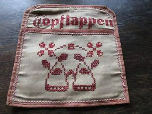 schöne alte Tasche für Topflappen rote Stickerei  Handarbeit Leinen