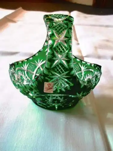 NACHTMANN wunderschöner alter Bleikristall Henkelkorb grün Überfangglas 14 x 13