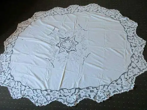 altes Halbleinen Tischtuch Tischdecke Richelieu Stickerei Handarbeit 200 x 150