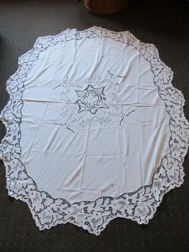 altes Halbleinen Tischtuch Tischdecke Richelieu Stickerei Handarbeit 200 x 150