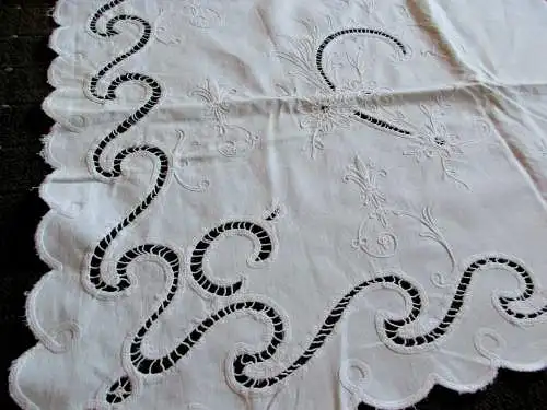 schöne alte Gardine Leinen Richelieu Stickerei 270 x 85 cm