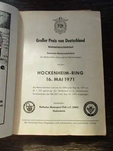 Programmheft Großer Preis von Deutschland Weltmeisterschaftslauf Motorräder 1971
