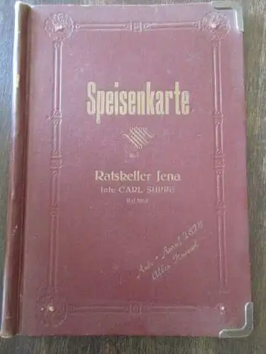 alter Speisekartenhalter Menükarte Jena Ratskeller Carl Suppe Leder um 1920