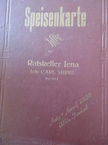 alter Speisekartenhalter Menükarte Jena Ratskeller Carl Suppe Leder um 1920