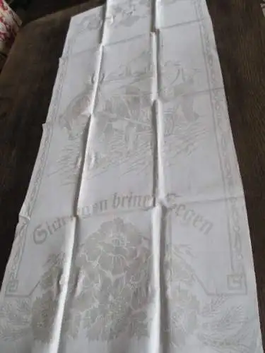 altes Leinen Handtuch Tischläufer Jugendstil Motiv Bauer mit Pflug (68)