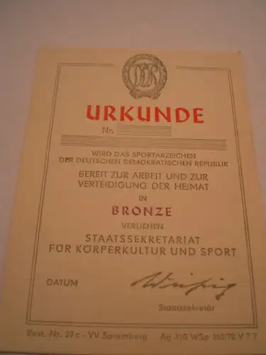 Urkunde: Sportabzeichen Bronze