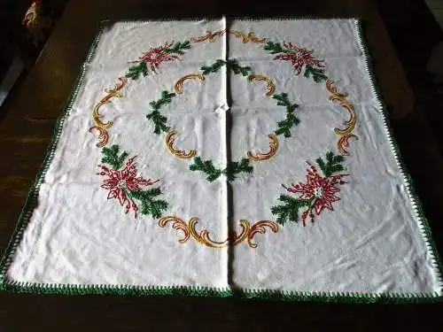 alte Tischdecke Weihnachten Baumwolle Stickerei Handarbeit ca. 70 x 65 cm