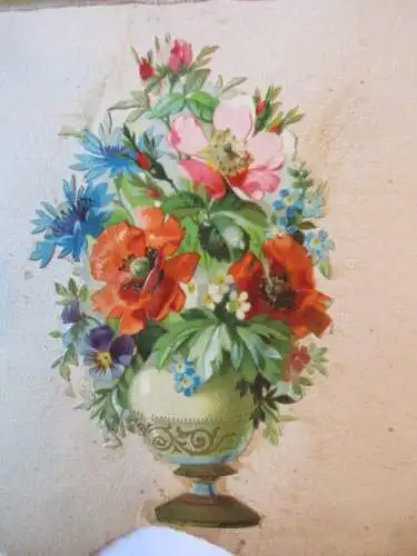 wunderschöne alte Präge Oblate Glanzbild Blumen Amphore um 1890 ca. 10 x 6 cm