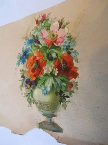 wunderschöne alte Präge Oblate Glanzbild Blumen Amphore um 1890 ca. 10 x 6 cm