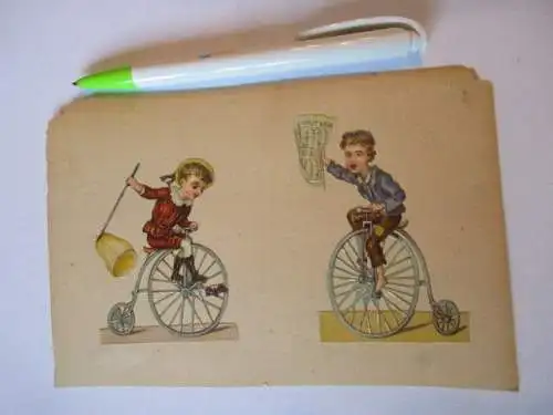 2 schöne alte Präge Oblate Glanzbild Kinder auf dem Einrad um 1890
