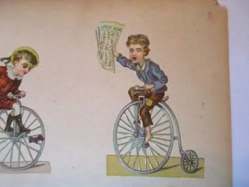 2 schöne alte Präge Oblate Glanzbild Kinder auf dem Einrad um 1890