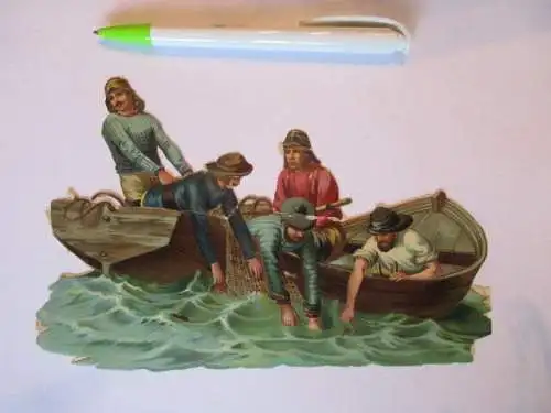 wunderschöne alte XXL Präge Oblate Glanzbild Fischer um 1900 ca. 20 x 13,5 cm