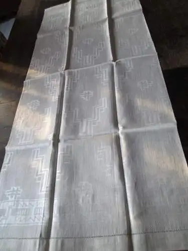 wunderschönes altes Leinen Damast Geschirrtuch Jugendstil Hohlsaum (131)