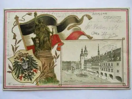 seltene alte Ak Gruss Chemnitz Prägekarte Denkmal Hauptmarkt 1901