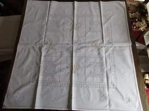 herrliche alte Tischdecke Mitteldecke Leinen Hohlsaum Stickerei Handarbeit 