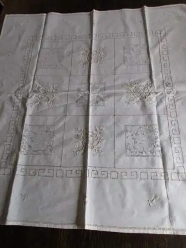 herrliche alte Tischdecke Mitteldecke Leinen Hohlsaum Stickerei Handarbeit 
