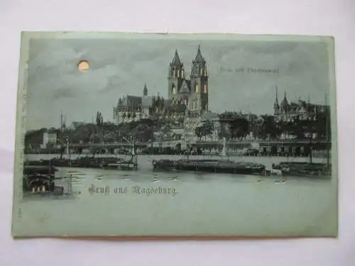 alte Ak Magdeburg Dom mit Fürstenwall Mondscheinkarte gel. um 1900