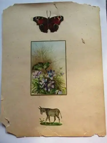 3 schöne alte Präge Oblaten Glanzbild Schmetterling Esel Bloumen um 1900