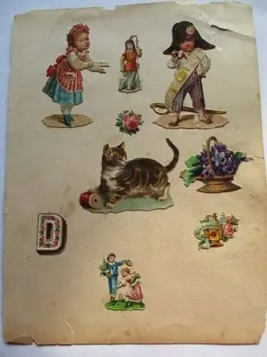 9 wunderschöne alte Präge Oblaten Glanzbild Kinder  Katze Blumenum 1900