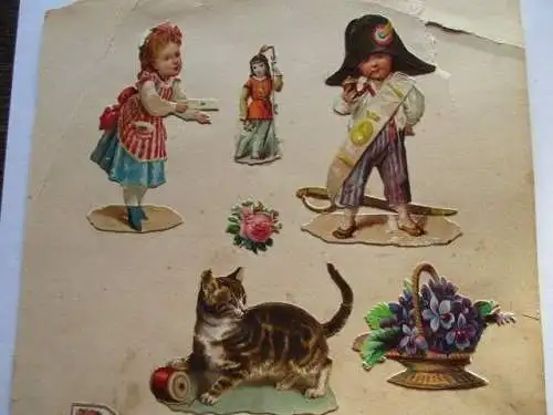 9 wunderschöne alte Präge Oblaten Glanzbild Kinder  Katze Blumenum 1900