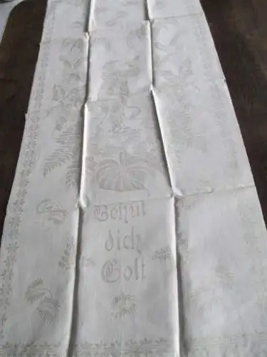 altes Leinen Damast Geschirrtuch Jugendstil "Behüt dich Gott" Trompeter (113)
