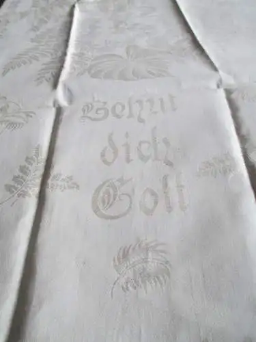 altes Leinen Damast Geschirrtuch Jugendstil "Behüt dich Gott" Trompeter (113)