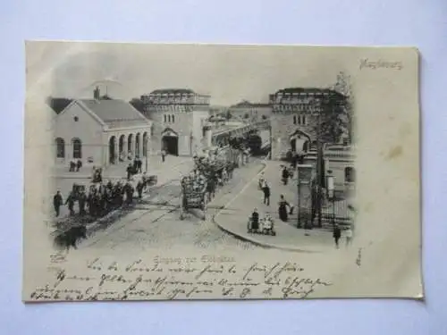 seltene alte Ak Magdeburg Eingang zur Elbbrücke Menschen Pferdewagen gel. 1900