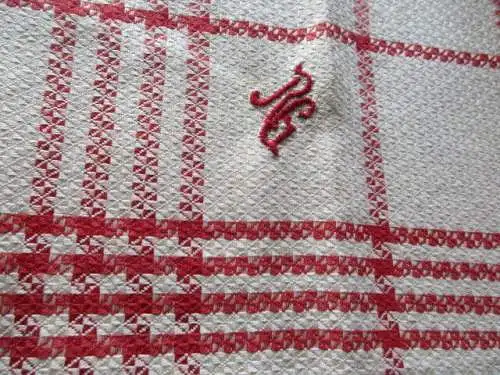 2 alte Leinen Handtücher Geschirrtücher rote Streifen Monogramm (27)