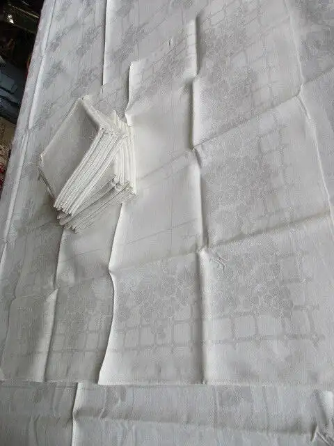 herrliches altes XXL Leinen Tischtuch Tafeltuch + 12 Servietten Jugendstil  1