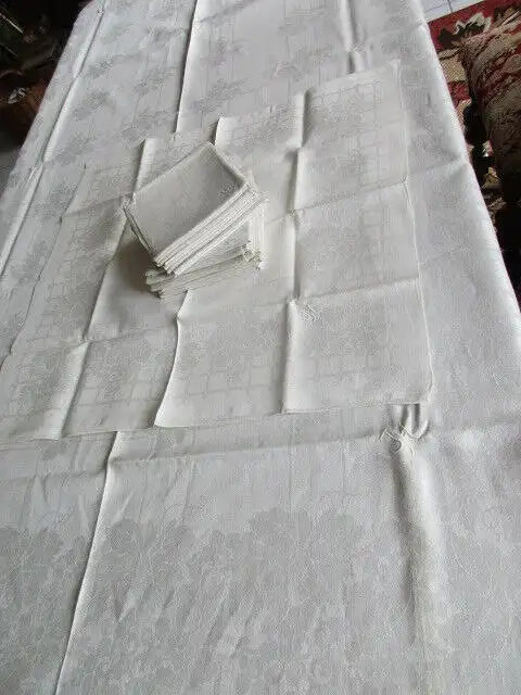 herrliches altes XXL Leinen Tischtuch Tafeltuch + 12 Servietten Jugendstil  2