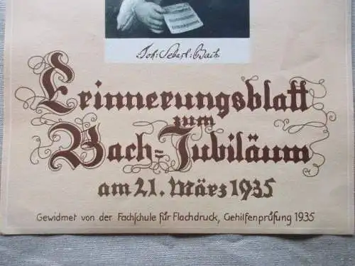 Erinnerungsblatt Sebastian Bach Jubiläum 1935 gewidmet Fachschule Flachdruck