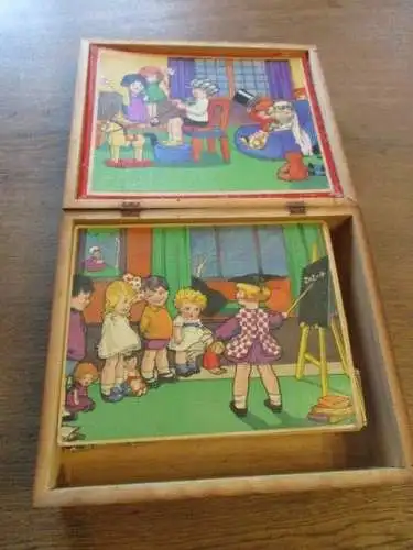 Altes Puzzlespiel mit Holzwürfel um 1930 mit 6 Verschiedene Motive