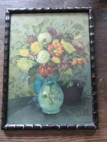 alter Biedermeier Bilderrahmen mit Glas Stillleben Martha Budach Druck/ Litho?? 