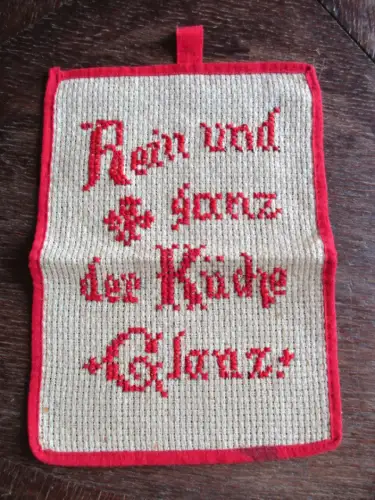 alter Leinen Topflappen Küchenwäsche rote Stickerei Rein & ganz der Küche Glanz
