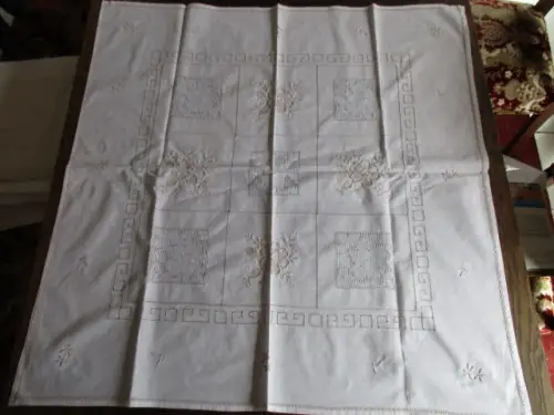 herrliche alte Tischdecke Mitteldecke Leinen Hohlsaum Stickerei Handarbeit 
