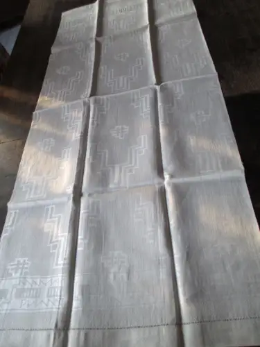 wunderschönes altes Leinen Damast Geschirrtuch Jugendstil Hohlsaum (131)