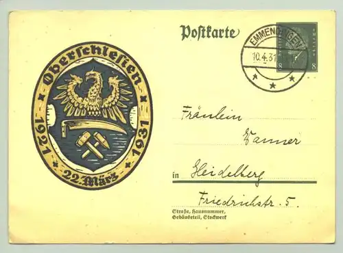 ()  Erinnerungs-Postkarte an die Volksabstimmung in Oberschlesien am 22.3.1921