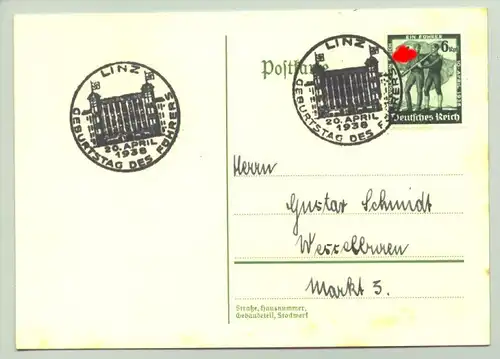 (0360543)  Postkarte mit 2 Sonderstempeln : 'Linz 20. April 1938 Geburtstag des Führers' 