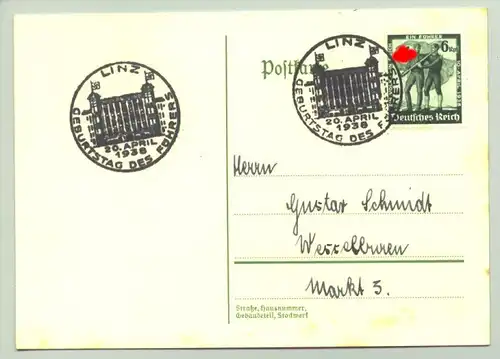 ()  Postkarte mit 2 Sonderstempeln : 'Linz 20. April 1938 Geburtstag des Führers' 