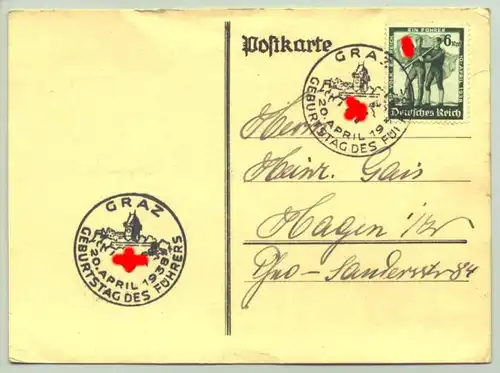 (0360544)  Postkarte mit 2 Sonderstempeln : 'Graz 20. April 1938 Geburtstag des Führers' 