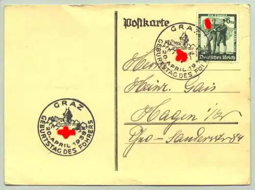 ()  Postkarte mit 2 Sonderstempeln : 'Graz 20. April 1938 Geburtstag des Führers' 