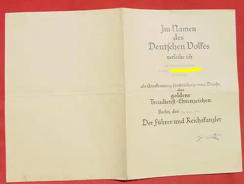 (2001184)  Verleihungs-Urkunde 'Goldene Treudienst-Ehrenzeichen. Berlin 1938. Siehe bitte Beschreibung.