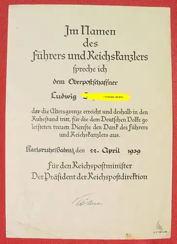 (2001185)  Belobigungs-Urkunde ... für geleistete treue Dienste ... Dank des Führers ... 1939. Siehe bitte Beschreibung.